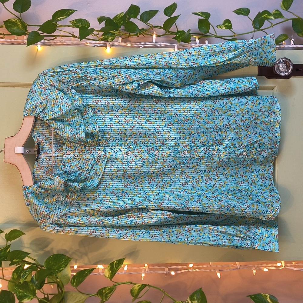 Women's J Crew Ruffle Collar 70's Floral Teal Seafoam VISCOSE button Up XL